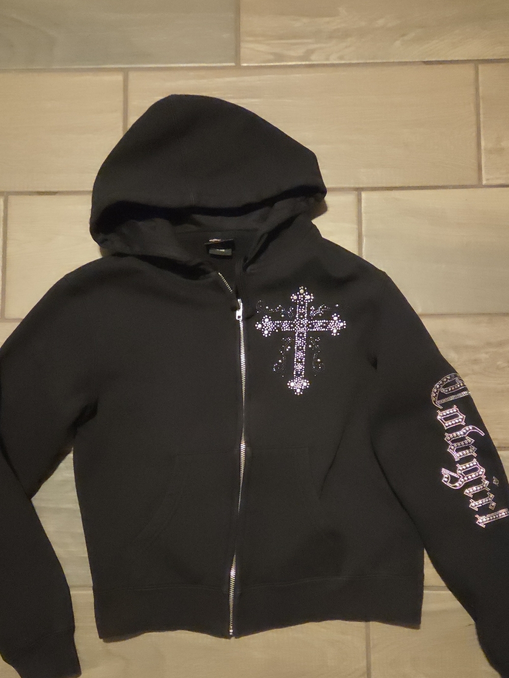 Women Black Rhinestone Cross Zip-Up Hoodie Cowgirl Hardware
